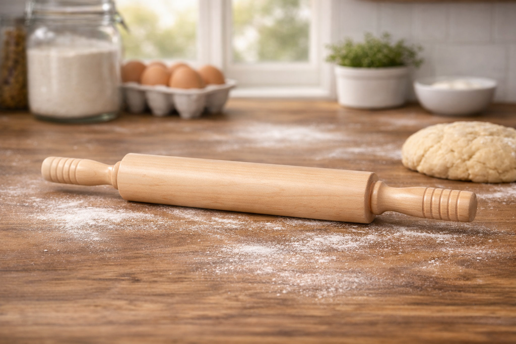 Wooden rolling pin on a wooden table with flour and eggs in the background