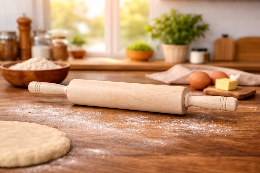 Wooden rolling pin on a wooden table with flour and dough in a kitchen setting.