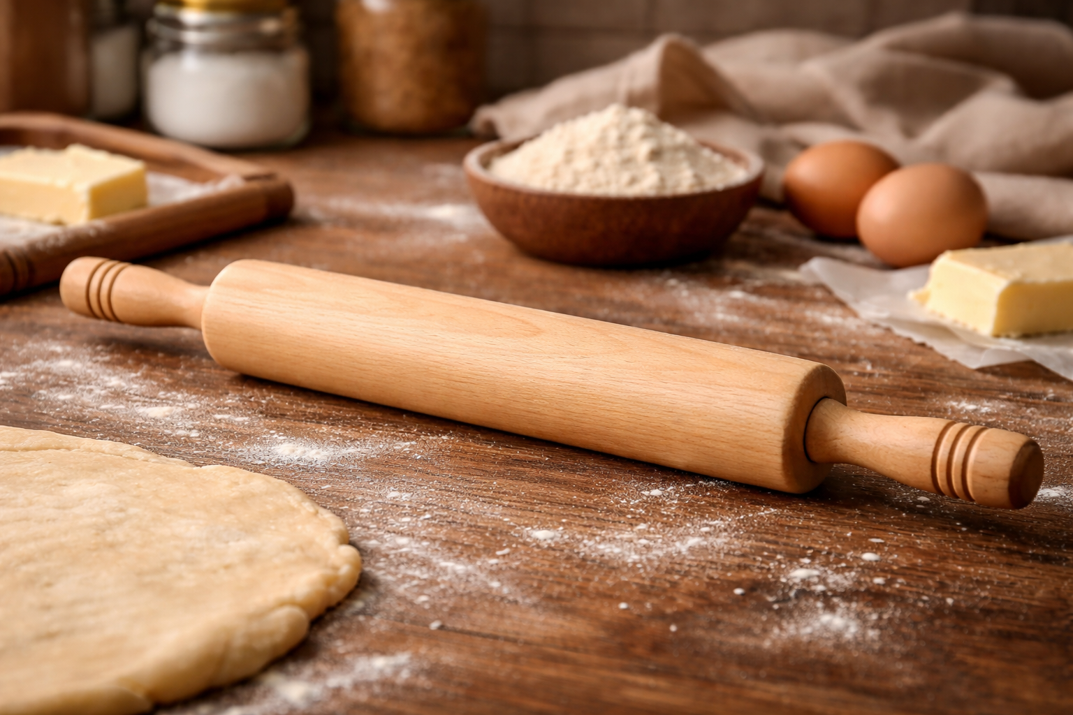 Wooden rolling pin on a wooden table with flour, eggs, and butter in the background.