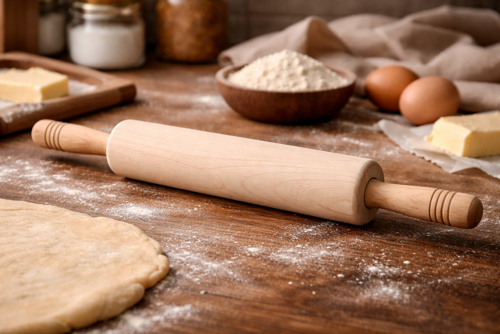 Wooden rolling pin on a wooden surface with flour, eggs, and butter.