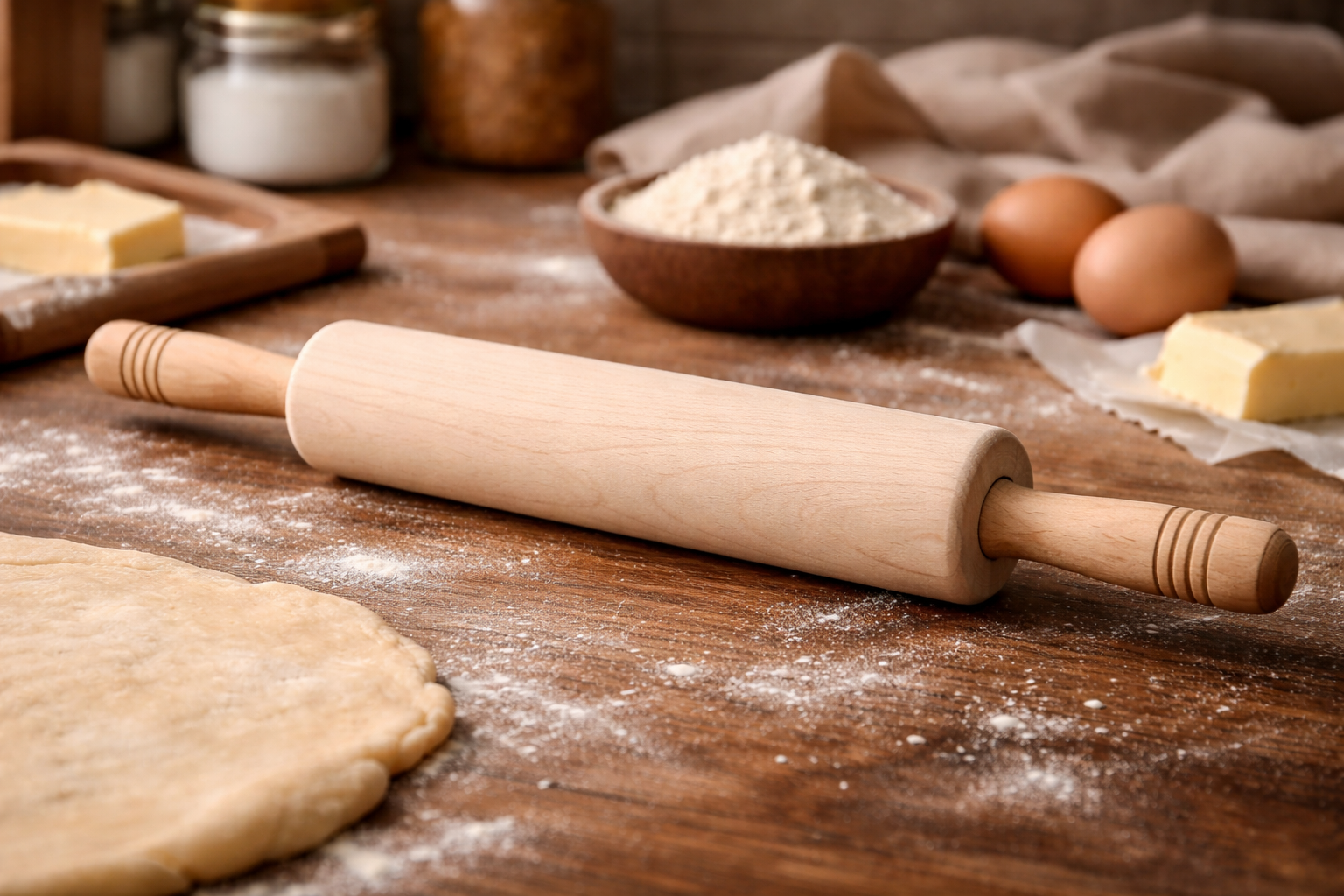 Wooden rolling pin on a wooden surface with flour, eggs, and butter.