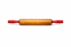 Wooden rolling pin with red handles on a white background