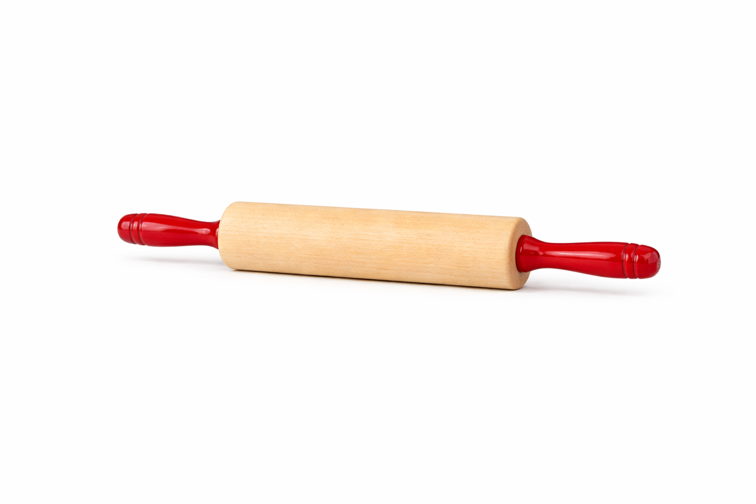 Wooden rolling pin with red handle on a white background