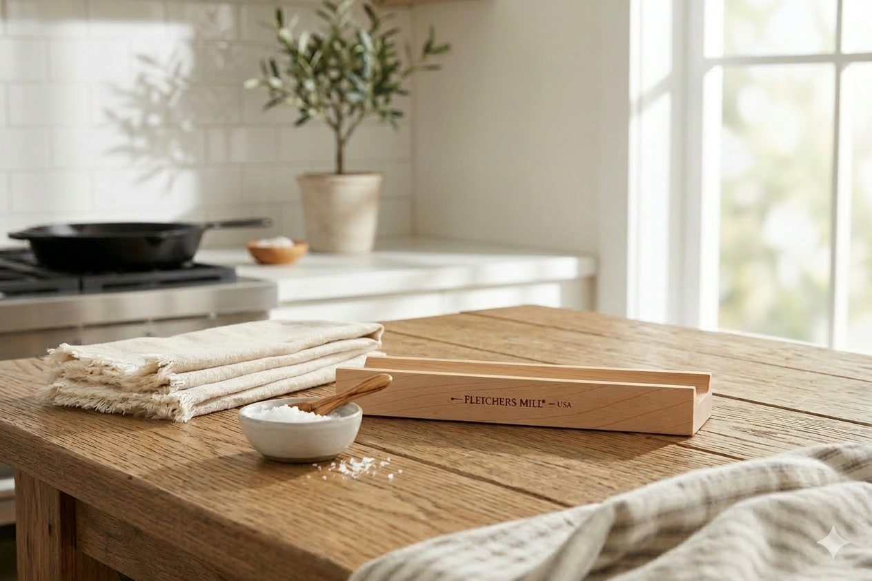 Rolling pin holder on a kitchen counter.