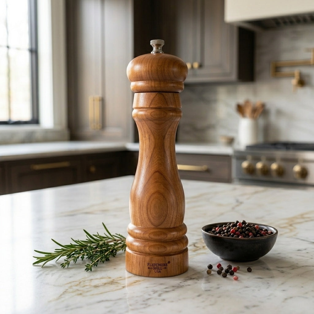 Wooden pepper grinder on a kitchen counter with a bowl of peppercorns and rosemary.