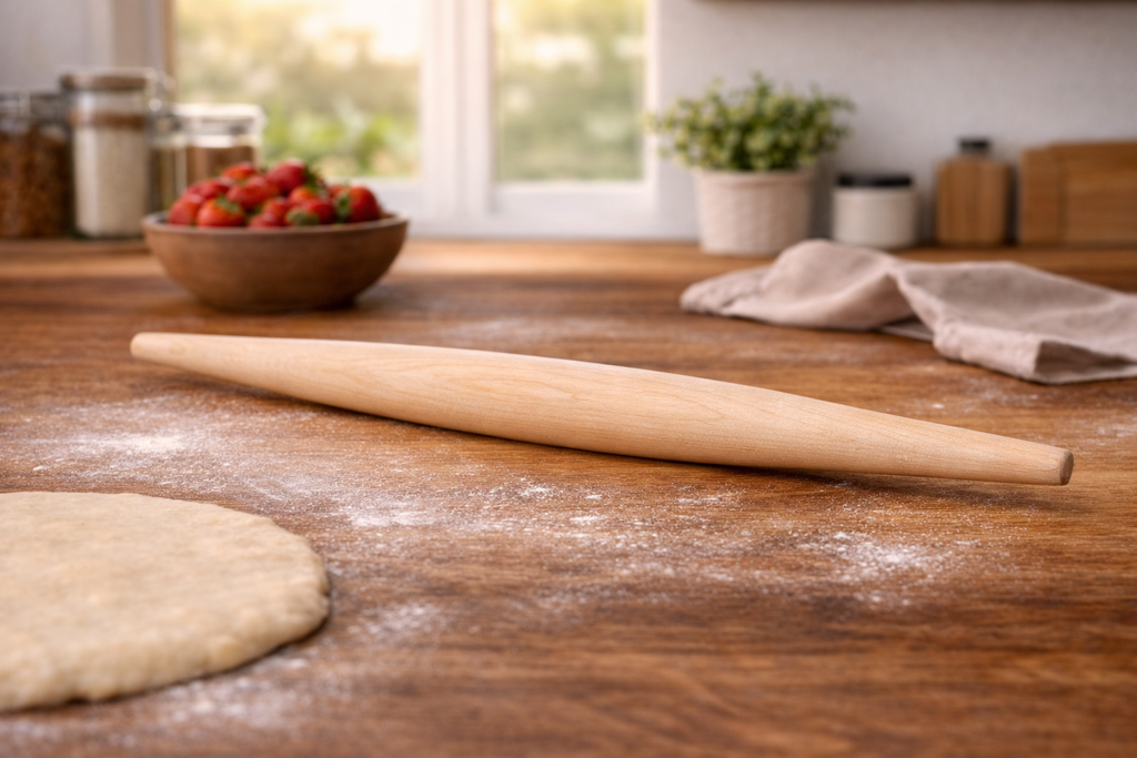 Wooden rolling pin on a flour-dusted wooden surface with a bowl of strawberries in the background.