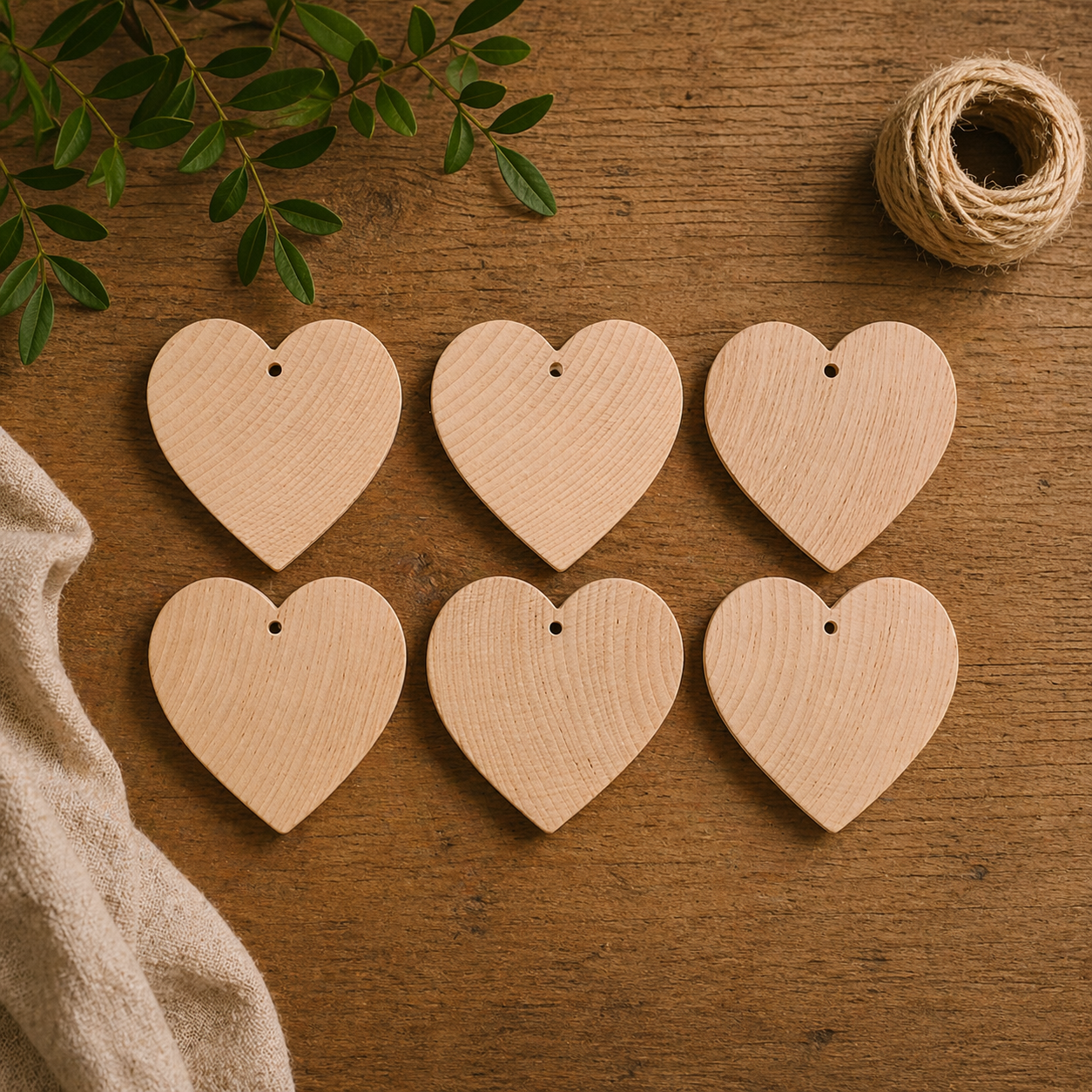 Set of six wooden heart-shaped tags on a wooden surface with twine and leaves.