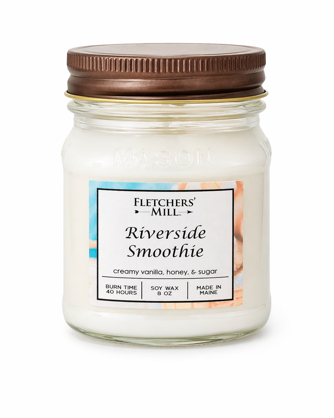 Jar candle labeled 'Riverside Smoothie' by Fletcher's Mill on a white background