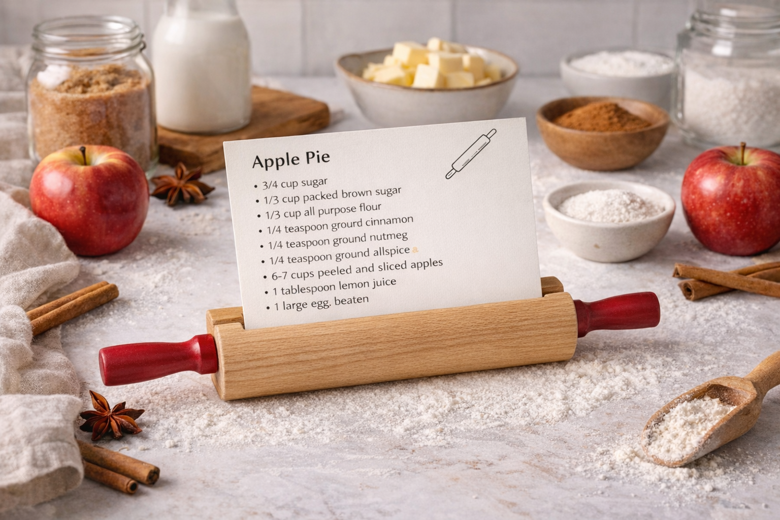 rolling pin recipe card holder on counter
