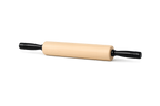 Wooden rolling pin with black handles on a white background