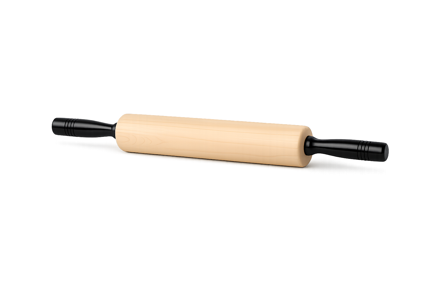 Wooden rolling pin with black handles on a white background