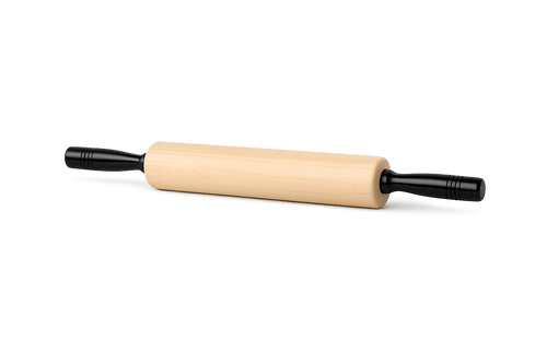 Wooden rolling pin with black handles on a white background