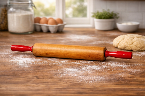 Wooden rolling pin with red handles on a flour-dusted wooden table in a kitchen.