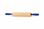 Wooden rolling pin with blue handles on a white background