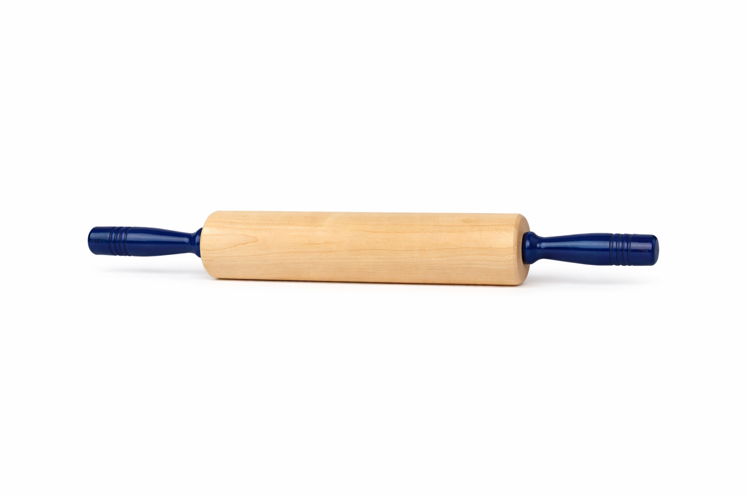 Wooden rolling pin with blue handles on a white background