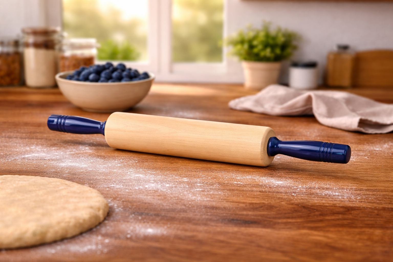 Wooden rolling pin with blue handles on a wooden surface with dough and blueberries in the background.