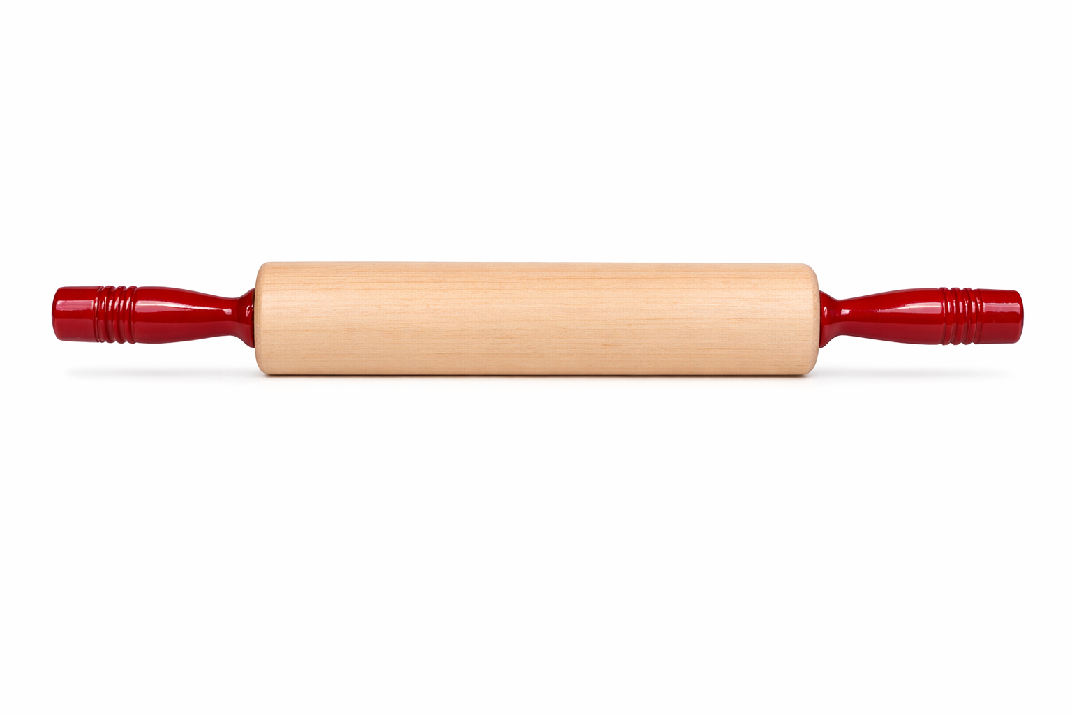 Wooden rolling pin with red handles on a white background