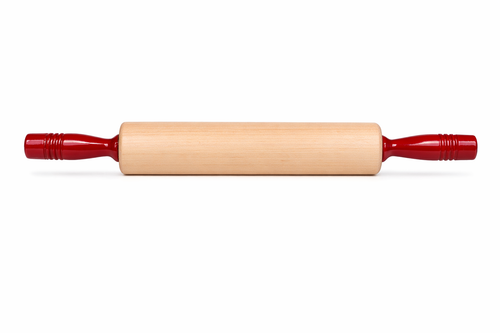 Wooden rolling pin with red handles on a white background