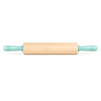 Wooden rolling pin with turquoise handles on a white background