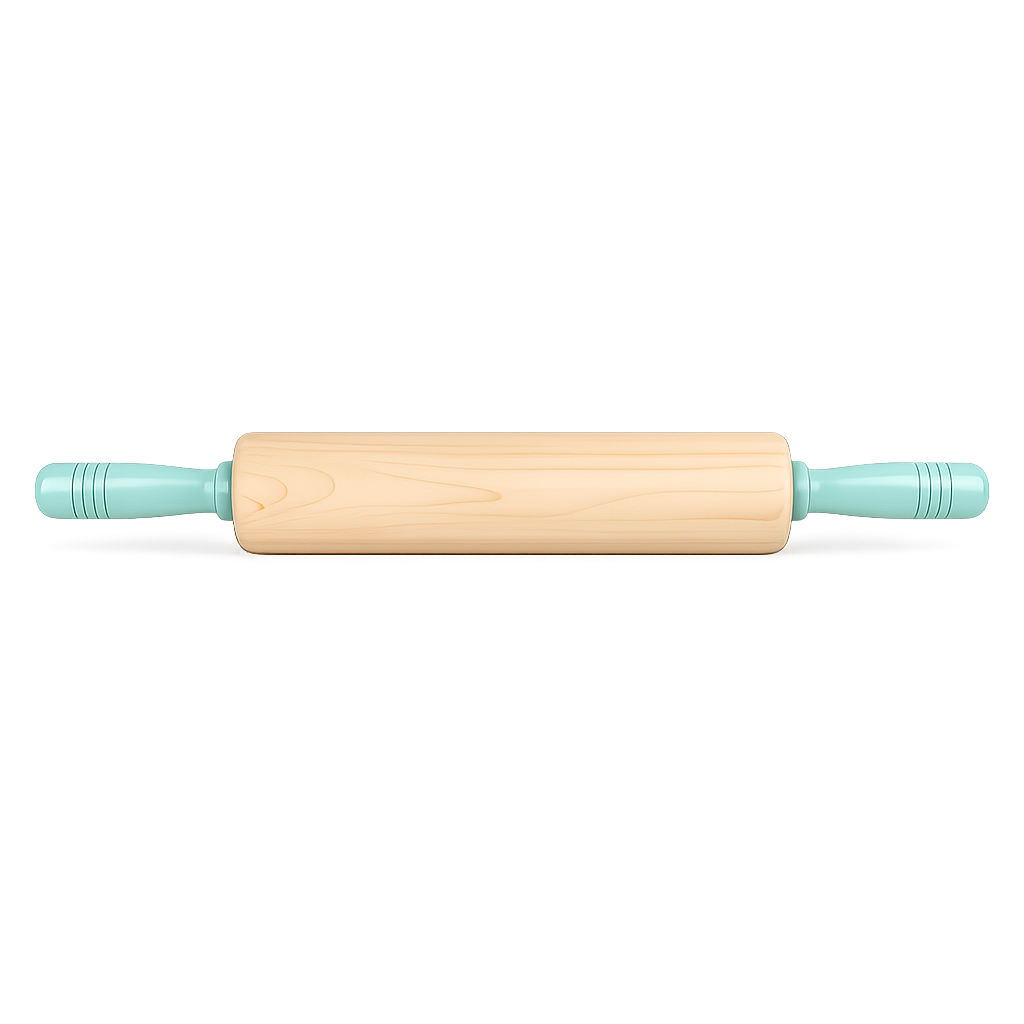 Wooden rolling pin with turquoise handles on a white background