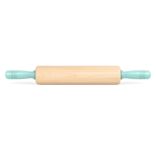 Wooden rolling pin with turquoise handles on a white background