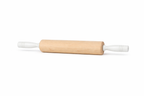 Wooden rolling pin with white handles on a white background