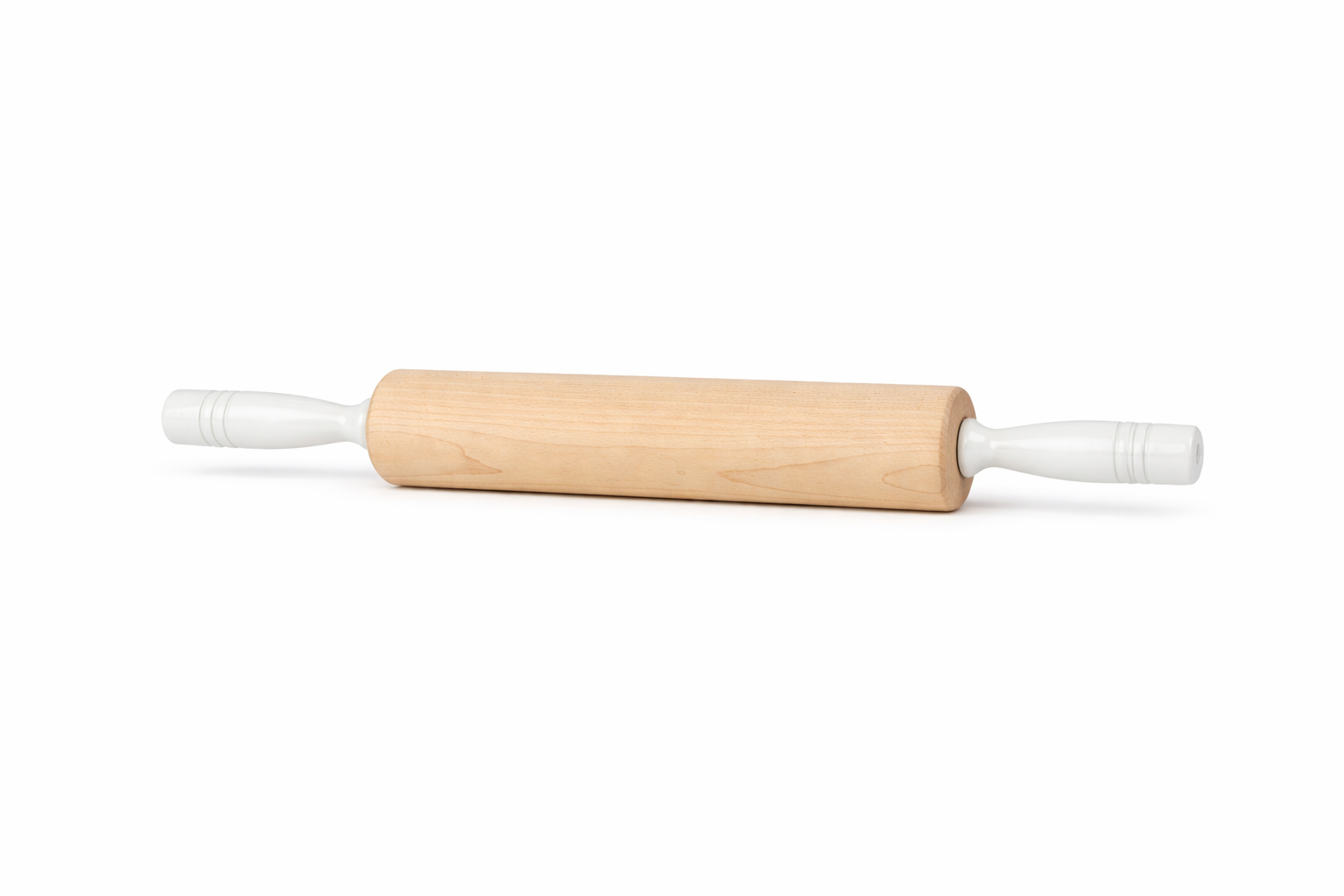 Wooden rolling pin with white handles on a white background