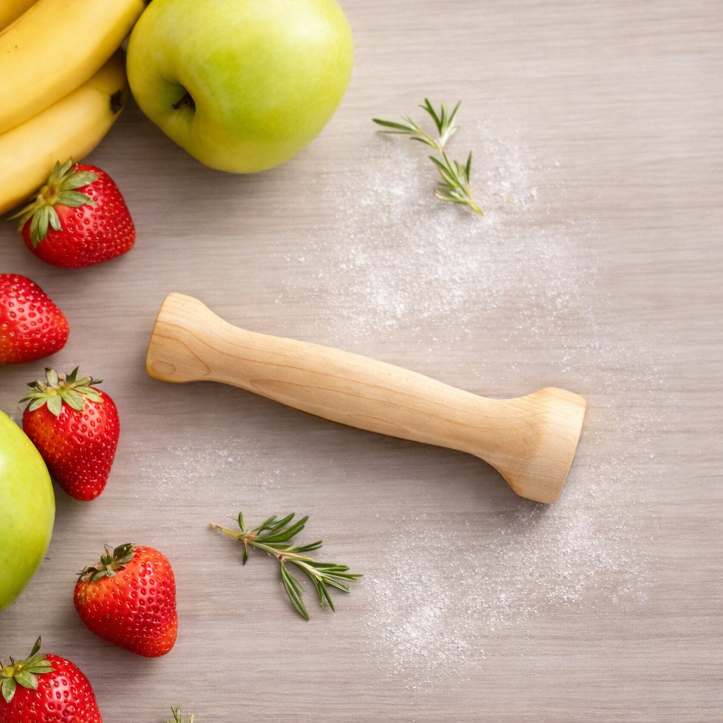 Wooden kitchen tool on a wooden surface with fruits and herbs.