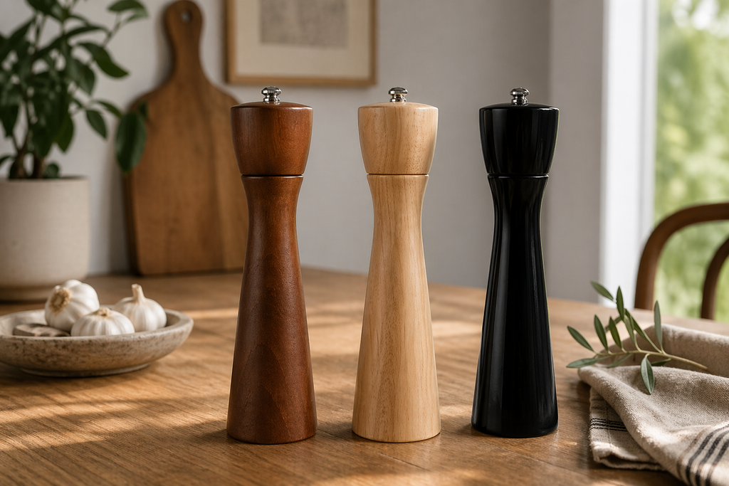 Three wooden pepper grinders on a wooden table with a plant and garlic in the background.