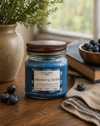 Jar of 'Blueberry Fields' candle from Fletcher's Mill on a wooden surface with blueberries and a plant.