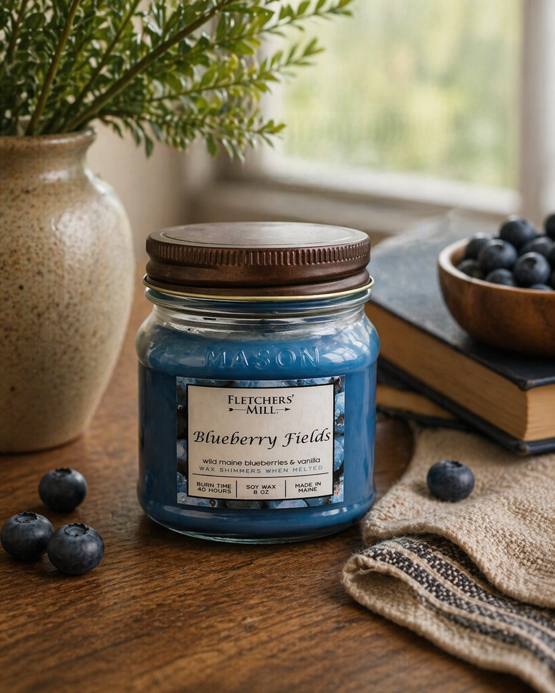 Jar of 'Blueberry Fields' candle from Fletcher's Mill on a wooden surface with blueberries and a plant.