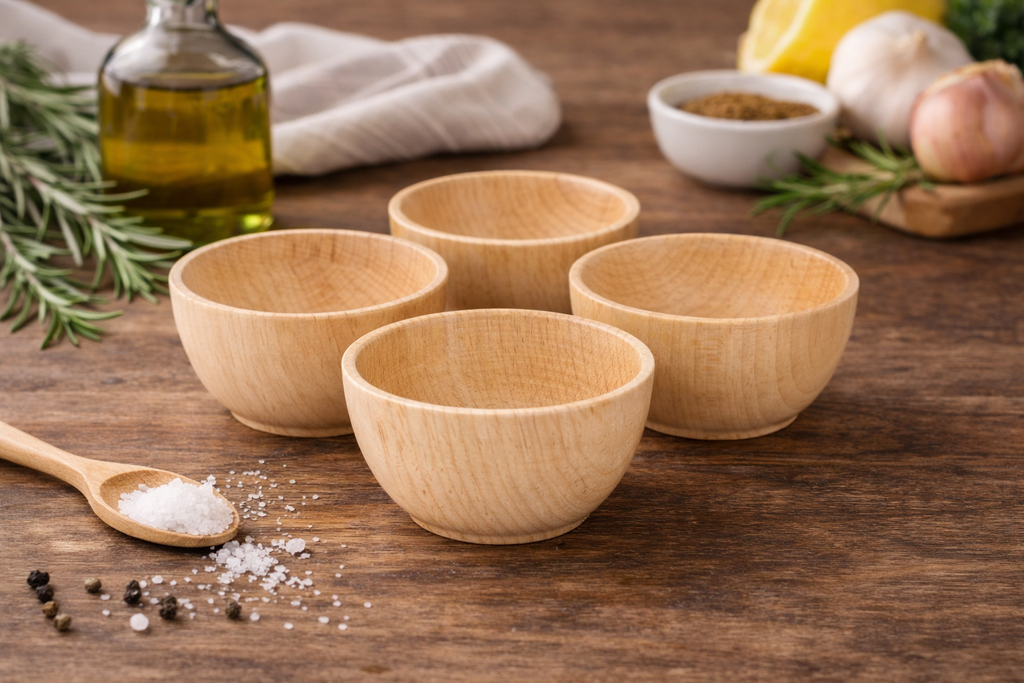 Set of wooden bowls on a wooden surface with various ingredients around them.