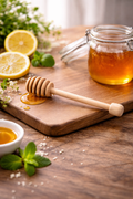 Jar of honey, honeycomb, and lemons on a wooden surface with a blurred background