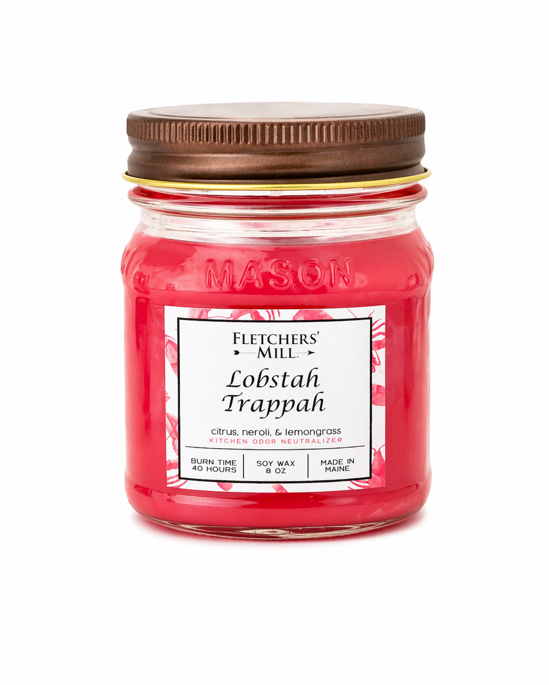 Red candle in a mason jar with a brown lid on a white background