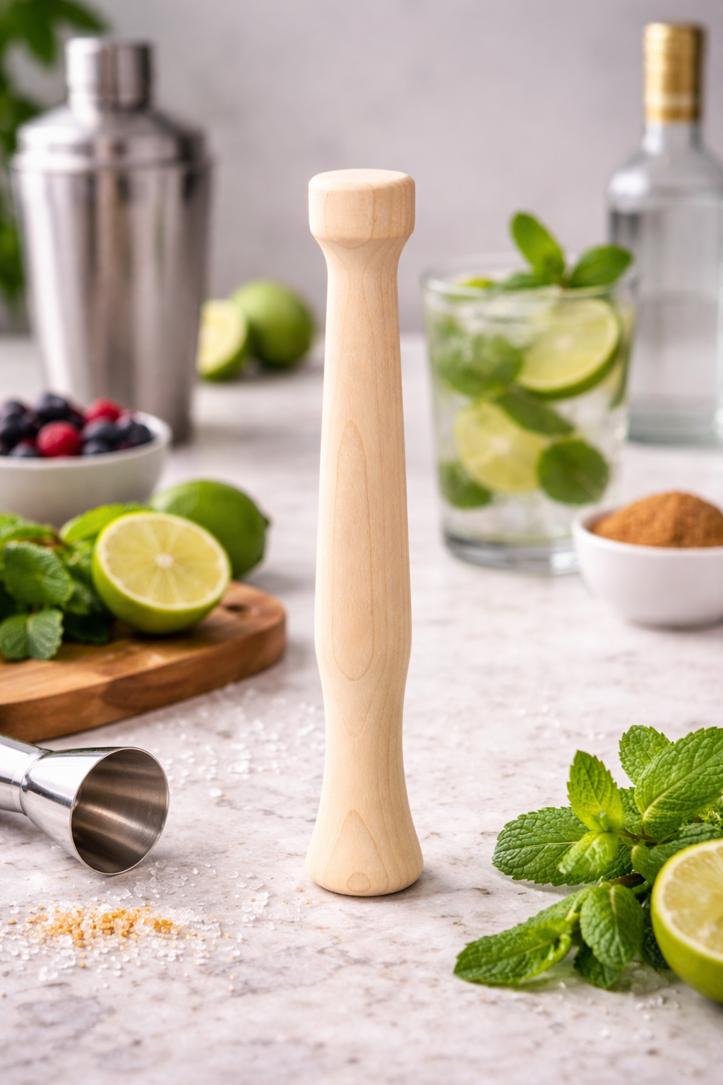 Wooden muddler on a table with limes, mint, and cocktail ingredients.