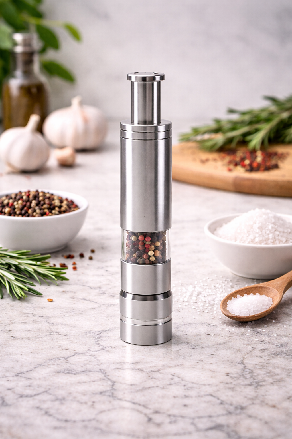 Silver pepper mill on a marble surface with ingredients and a wooden spoon.