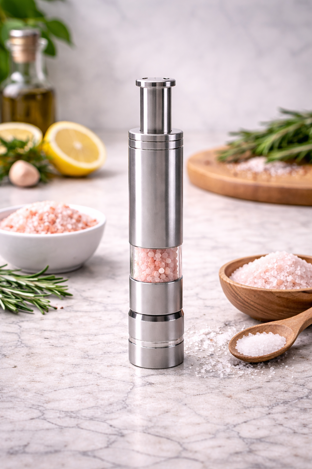 Silver pepper mill with salt and pepper on a marble surface with lemons and herbs in the background.