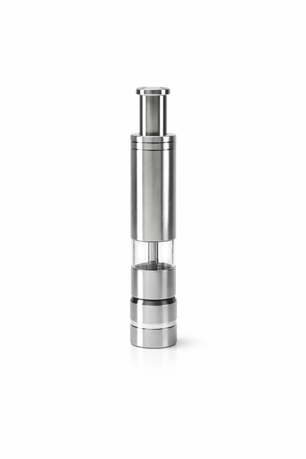 Stainless steel pepper grinder on a white background