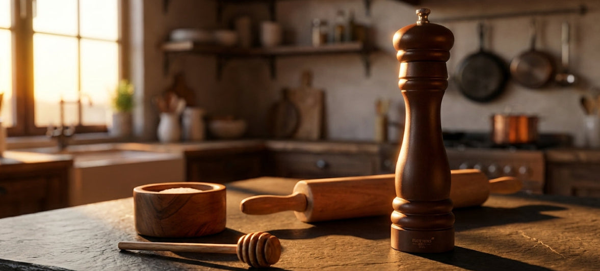 Wooden kitchen utensils including a pepper grinder, rolling pin, and wooden bowls on a stone countertop.