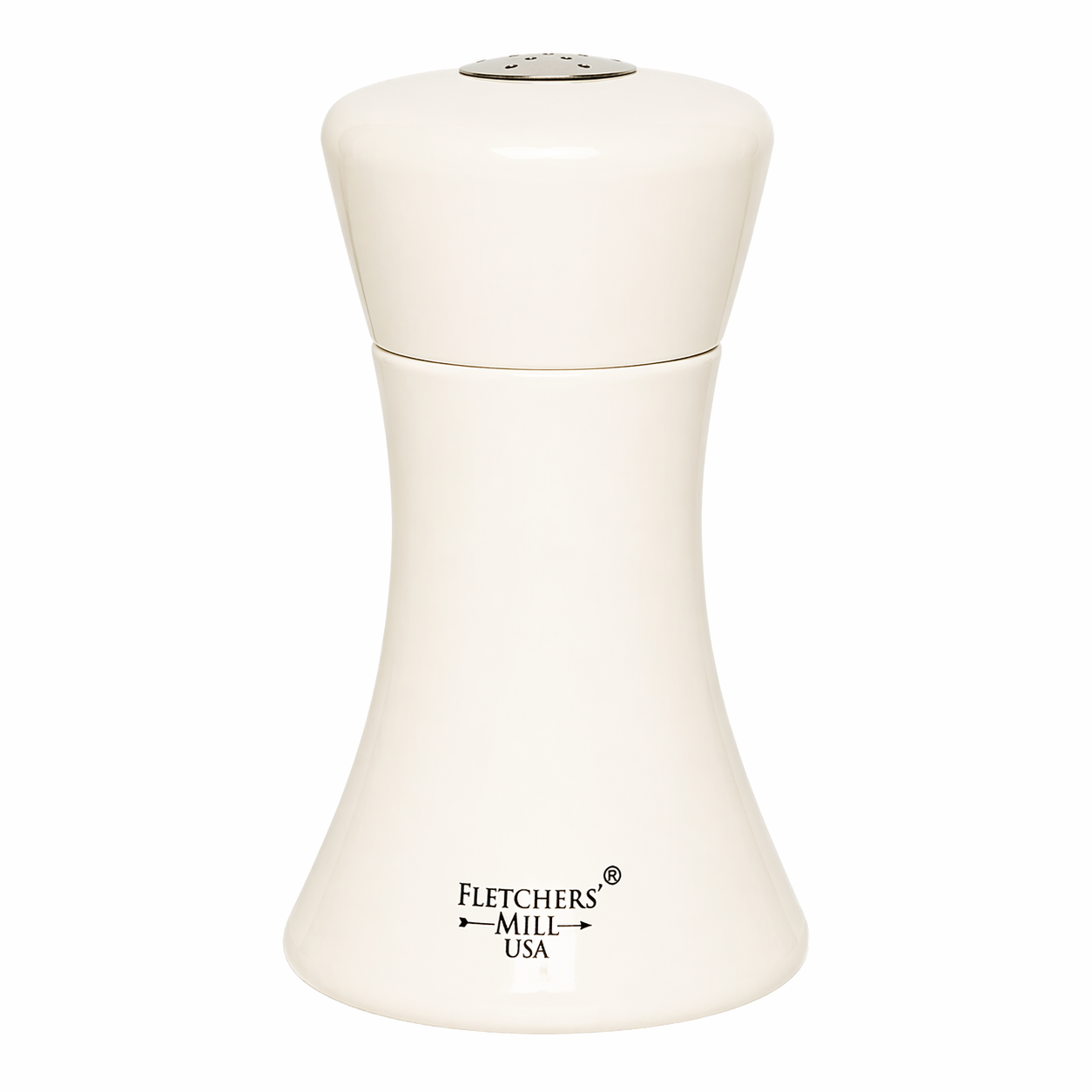 White salt shaker with 'Fletcher's Mill USA' branding on a white background