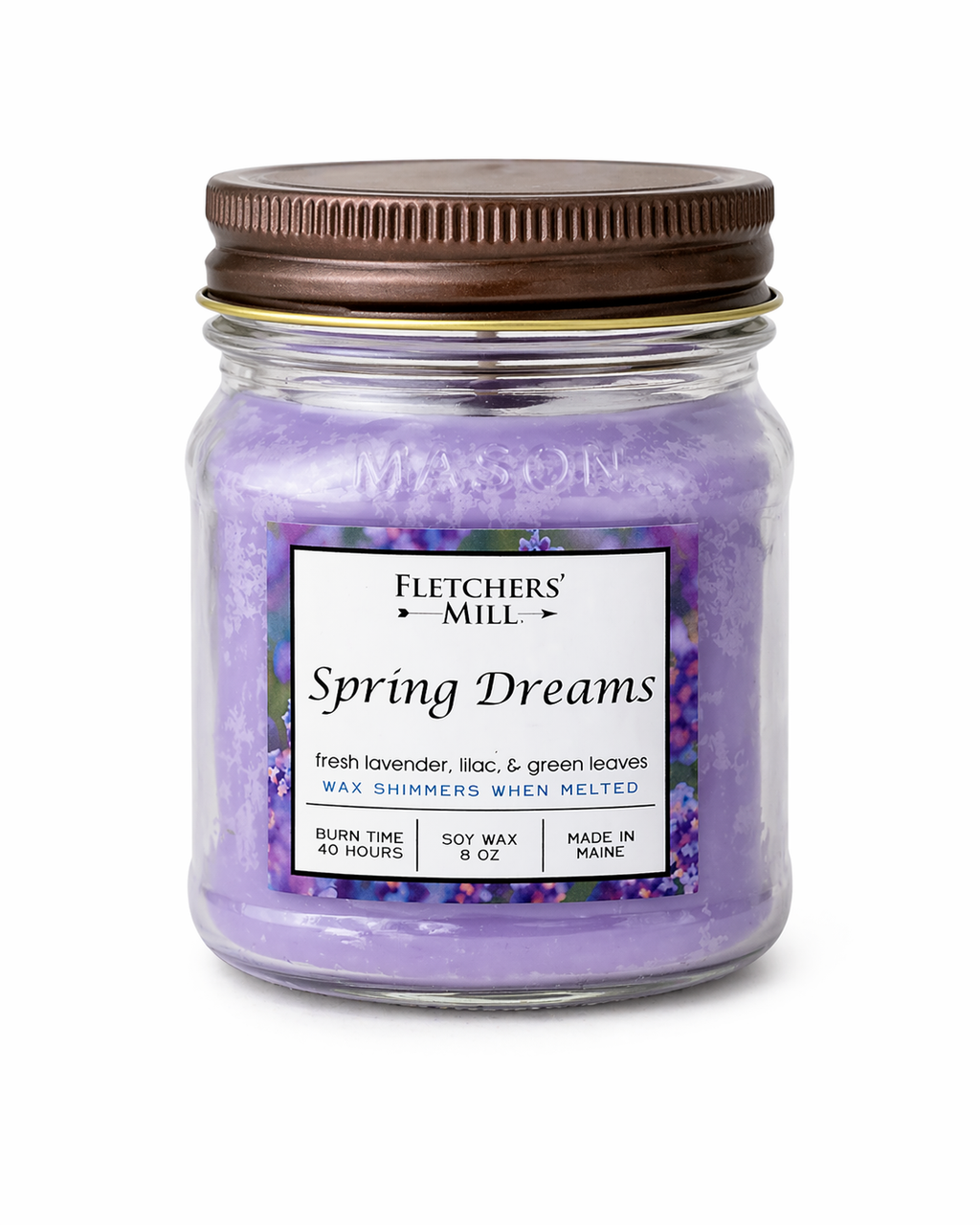 Jar candle labeled 'Spring Dreams' by Fletcher's Mill on a white background