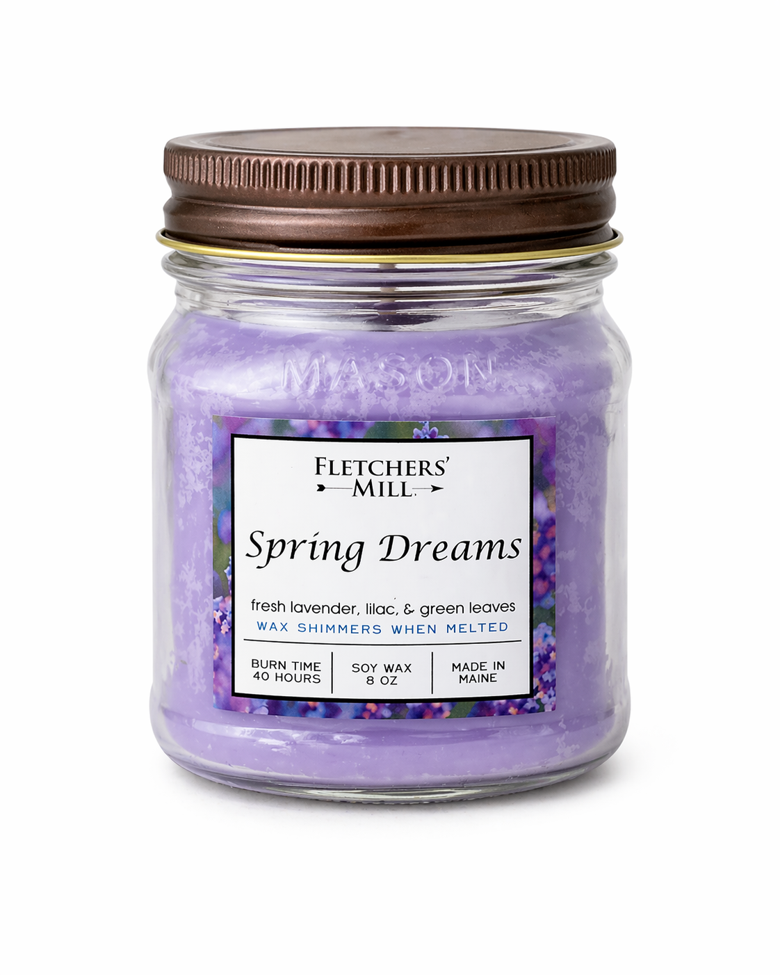 Jar candle labeled 'Spring Dreams' by Fletcher's Mill on a white background