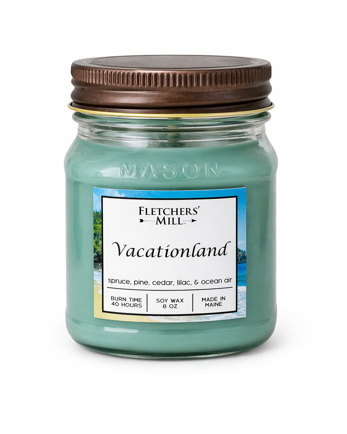 Candle jar labeled 'Vacationland' by Fletcher's Mill on a white background